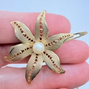 Vintage Signed Lady Ellen 1960s Gold Tone Faux Pearl Flower Hair Clip Barrette